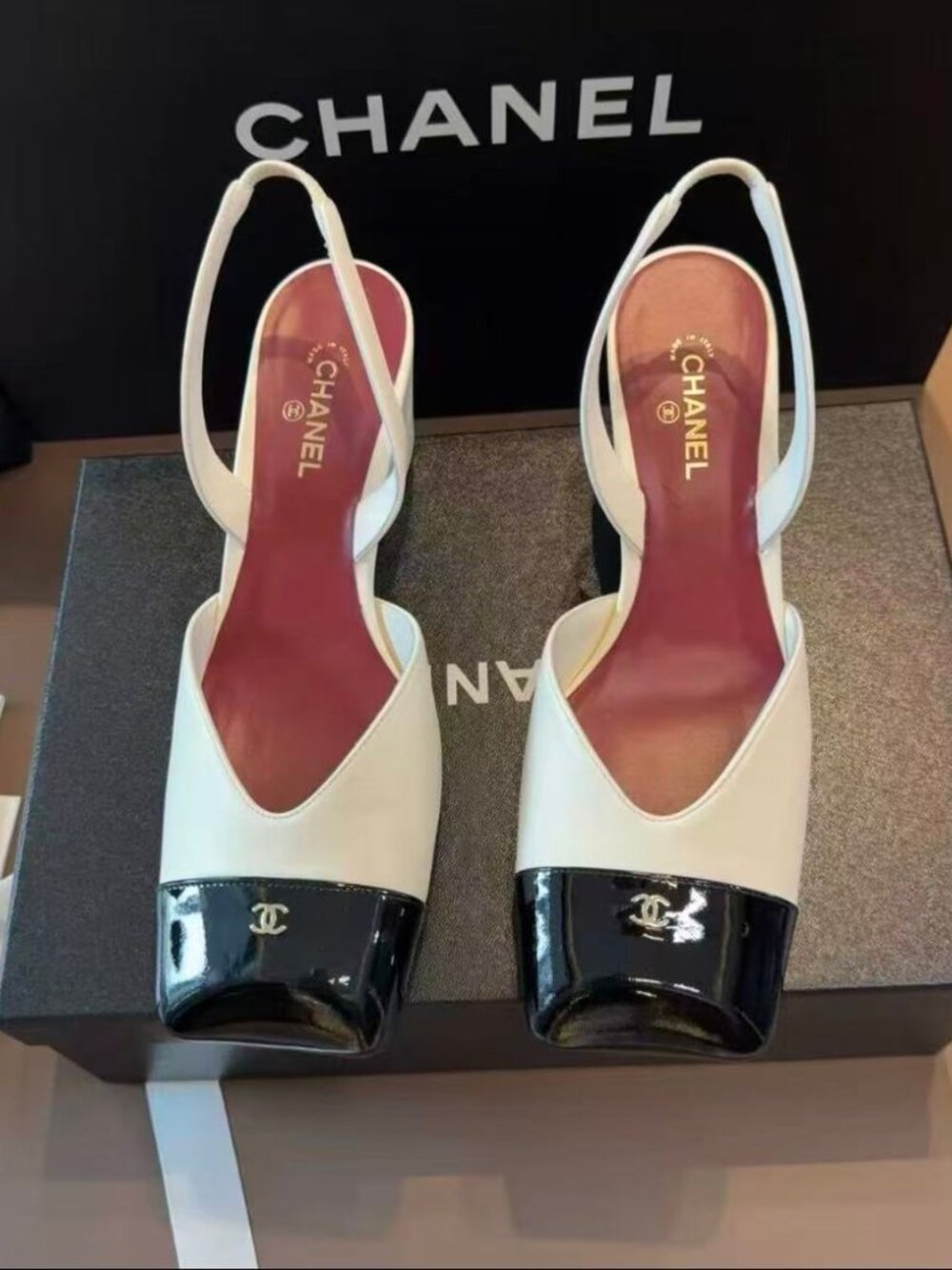 Chanel Two-Tone Black White CC Logo Square Toe Block Heel Shoes